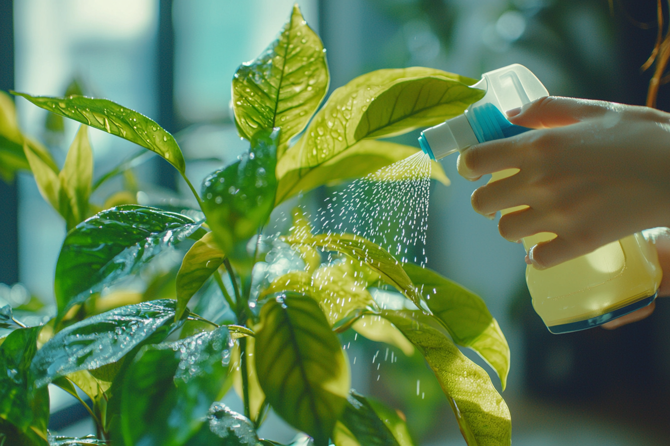 Korean woman sprays water on houseplant in morning