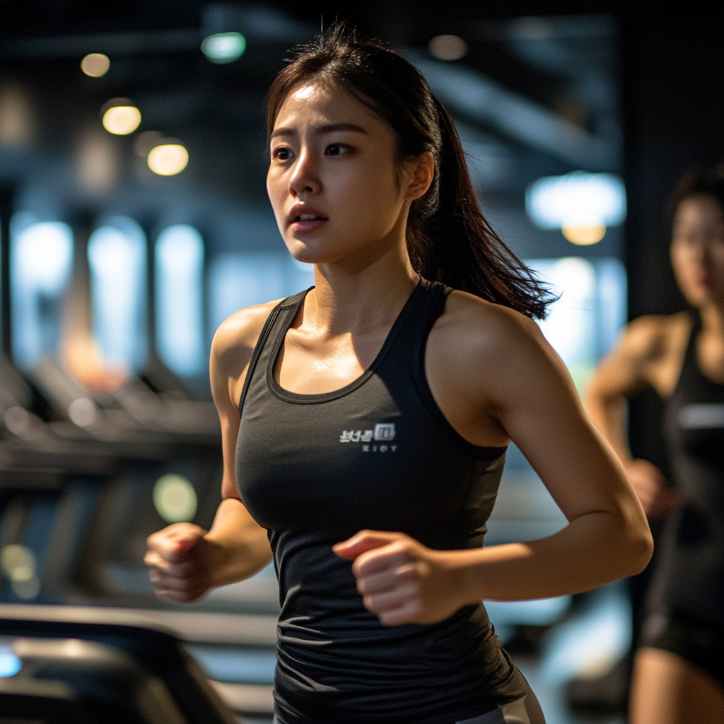 Korean woman sprinting on treadmill in modern gym.