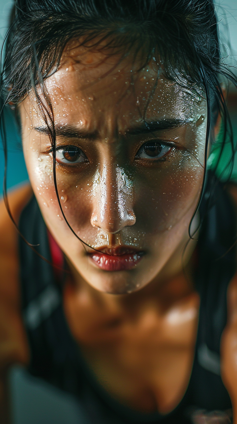 Korean woman sweating, focused on high-intensity gym workout.