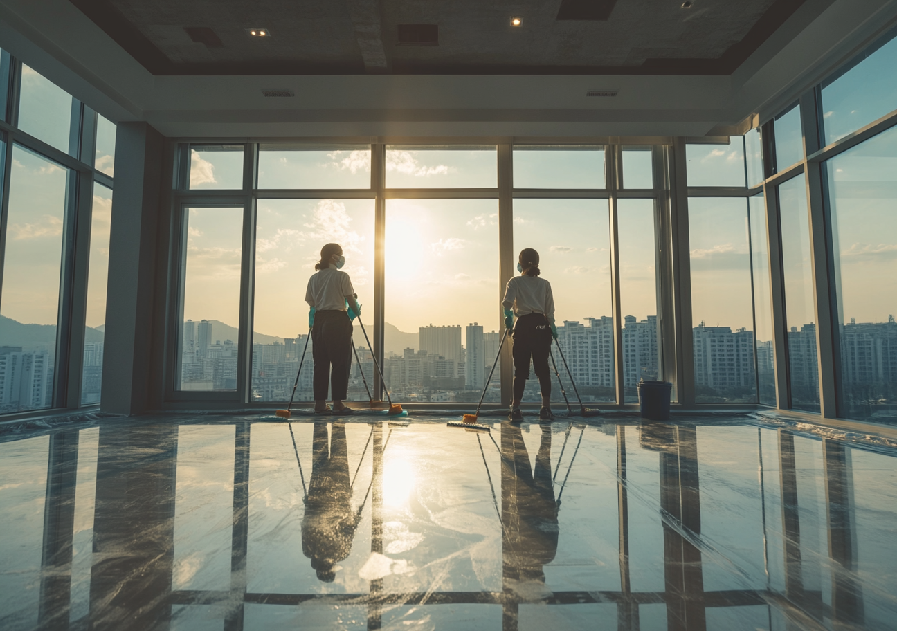 Korean women cleaning modern city apartment above 10th floor.