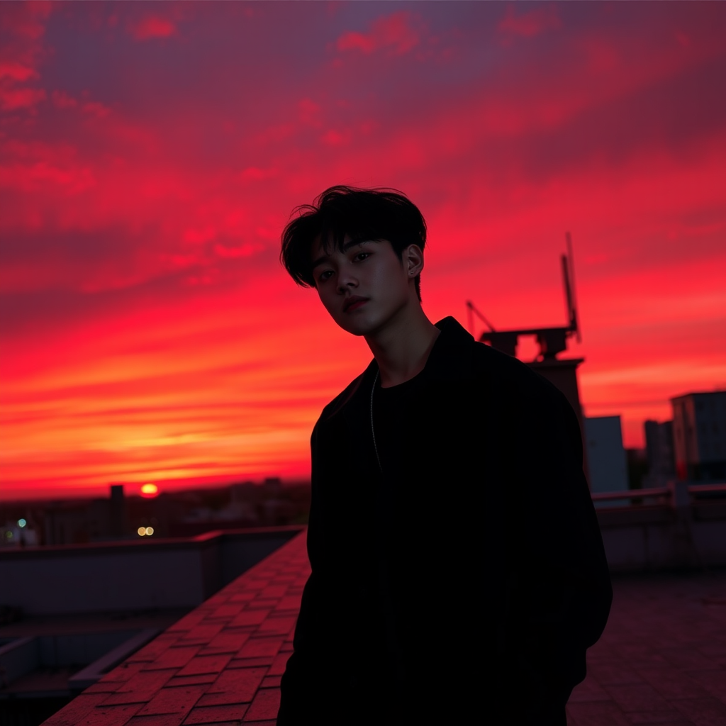 Kpop Male Idol Dynamic Sunset Rooftop Photos