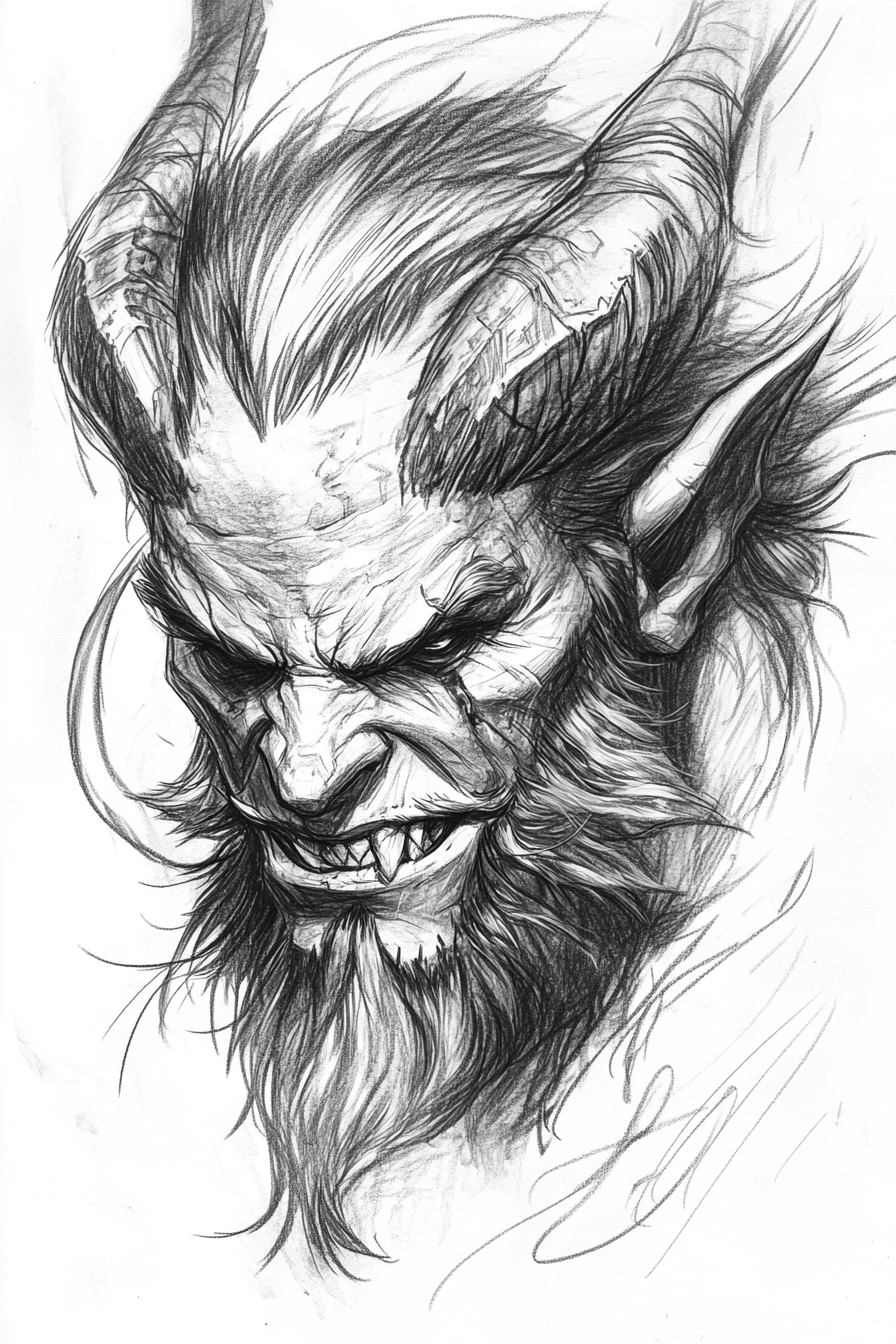 Krampus in grayscale, full body, traditional German design.