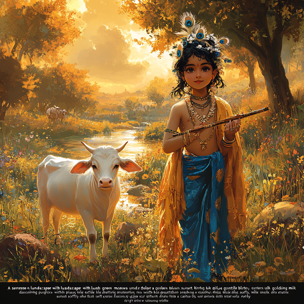 Krishna Playing Flute in Serene Landscape at Sunset