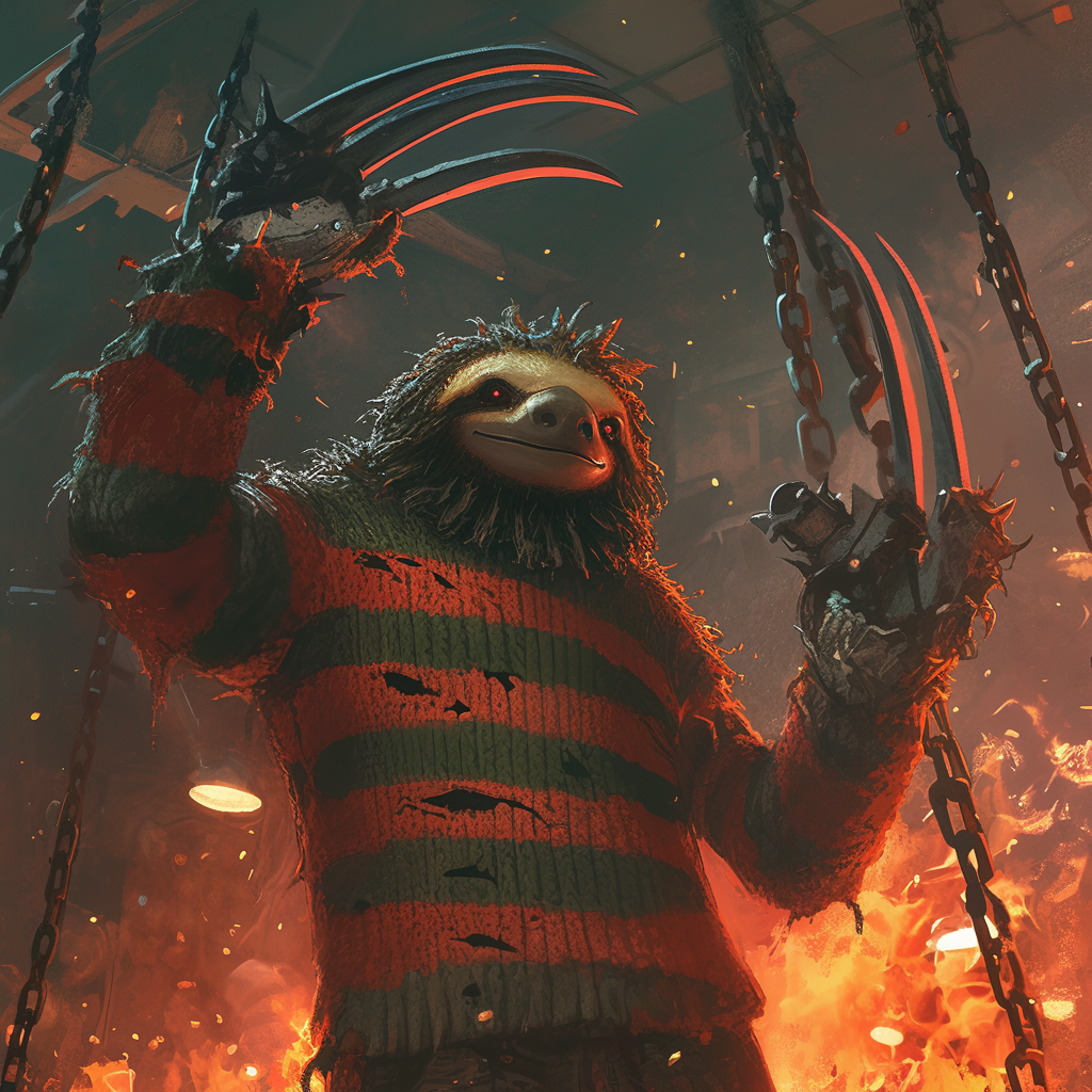 Krueger Sloth: Terrifying Freddy-inspired character in shadowy setting