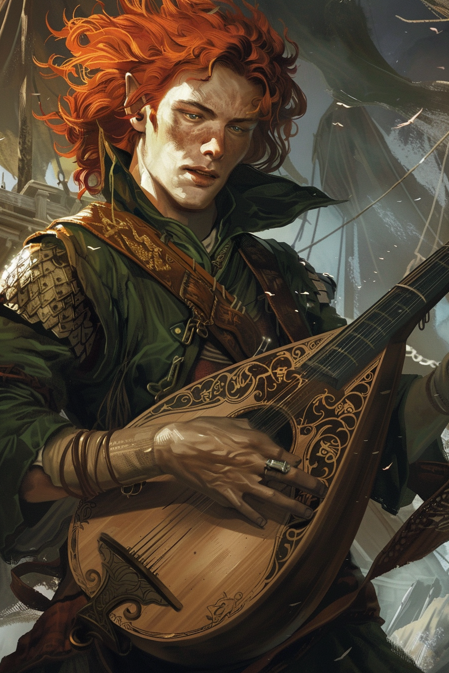 Kvothe playing lute in twilight, inn in background.