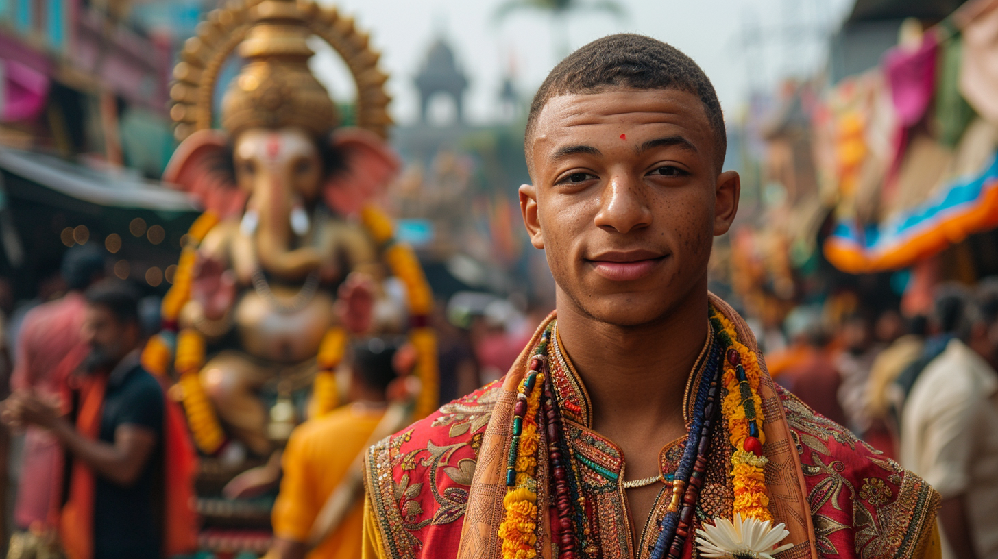 Kylian Mbappé in red sherwani at Ganesh festival.