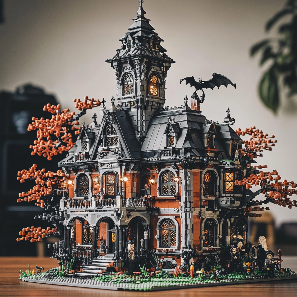 LEGO Victorian school buildings with creepy, Halloween vibes tilt.