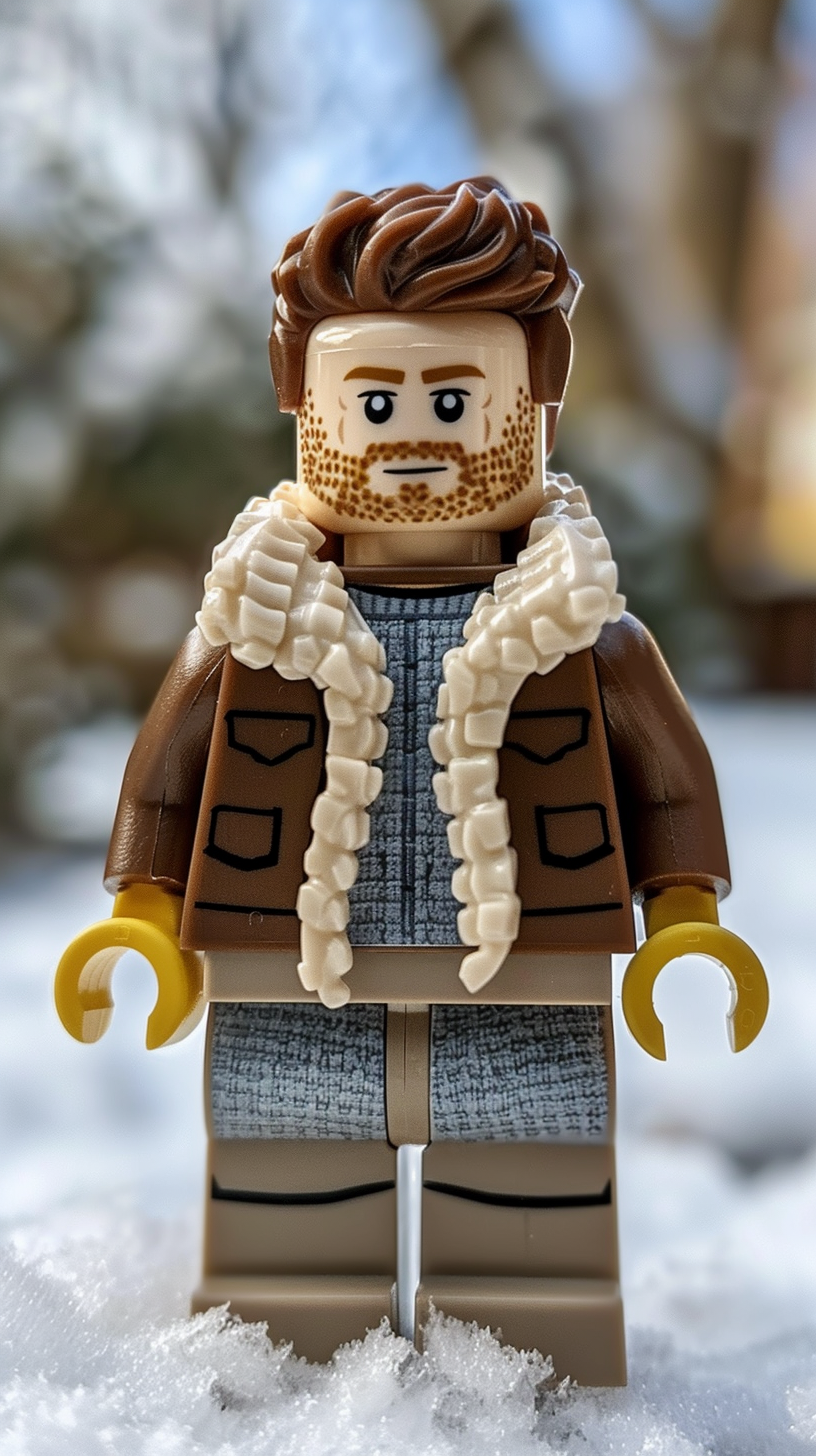 LEGO man with square face, strong jawline, brown beard.