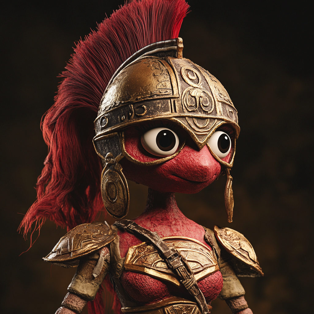 Lady Sparta puppet in Spartan armor with red helmet.