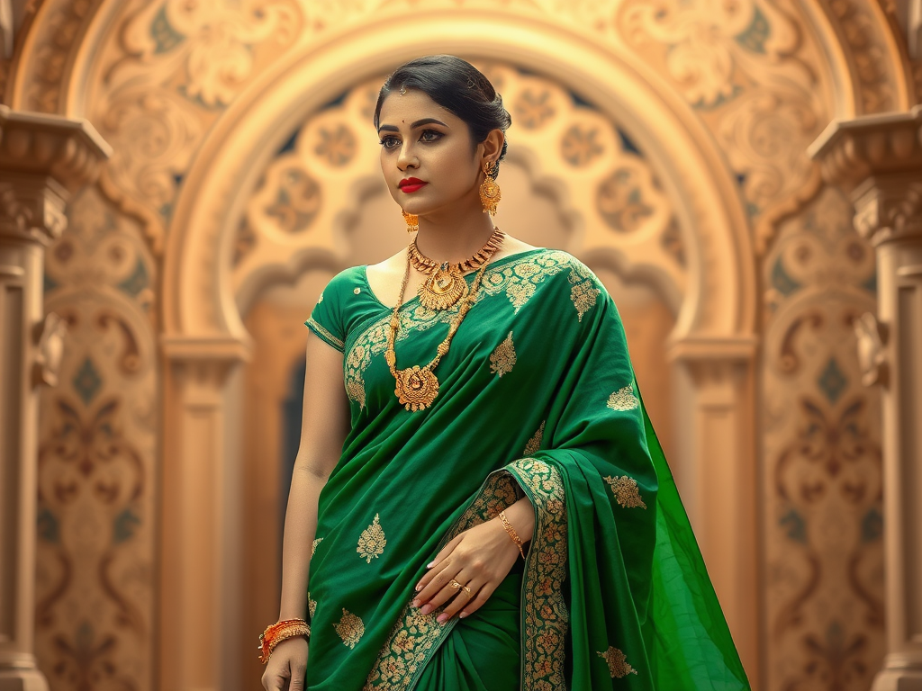 Lady in Green Saree with Gold Accessories