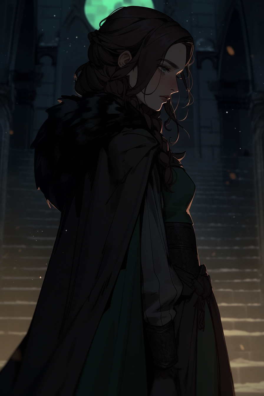 Lady in Winterfell Castle at night, 30, tall