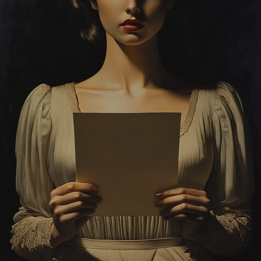 Lady in elegant dress holding paper, dark background.