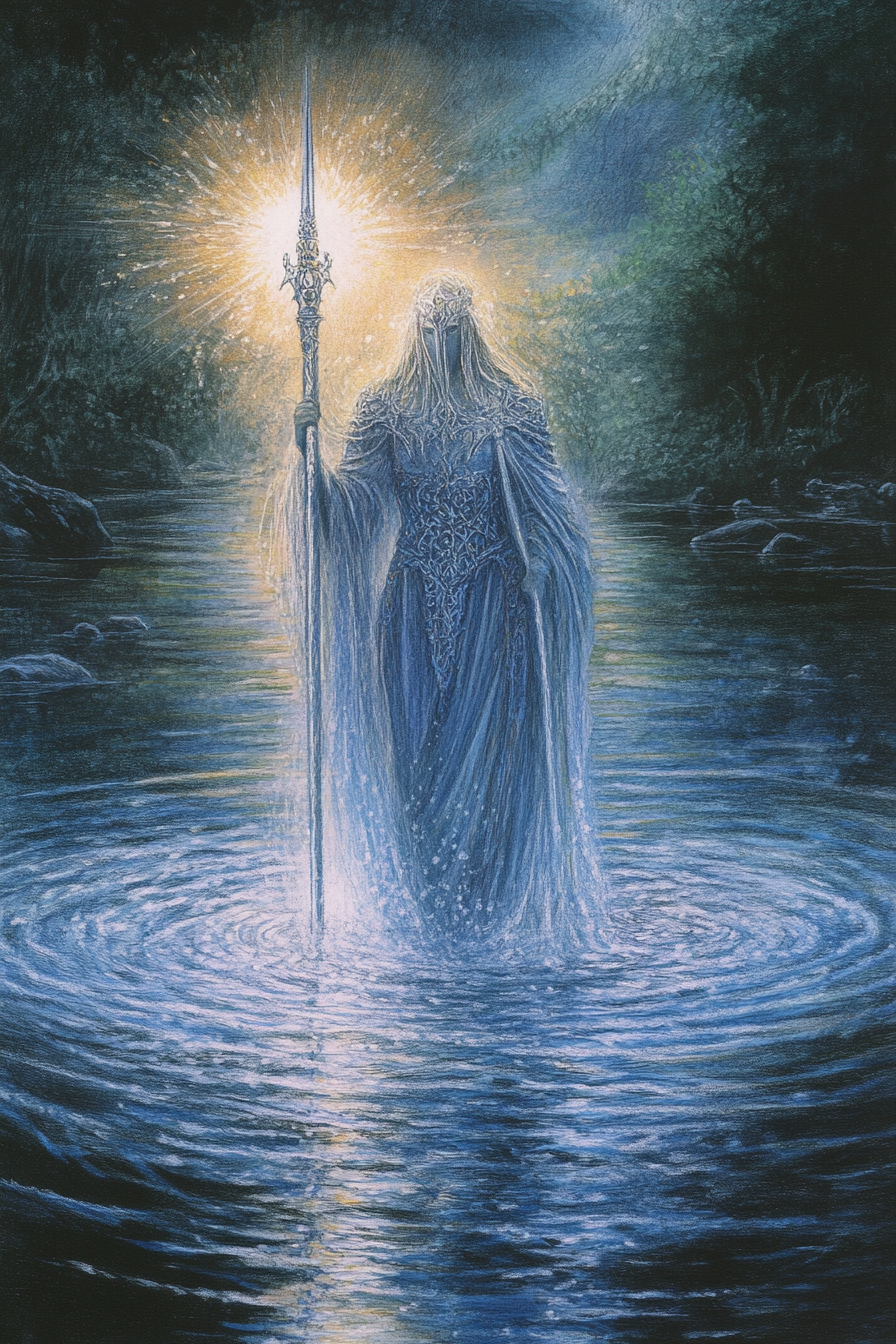 Lady of the Lake emerges from misty lake 