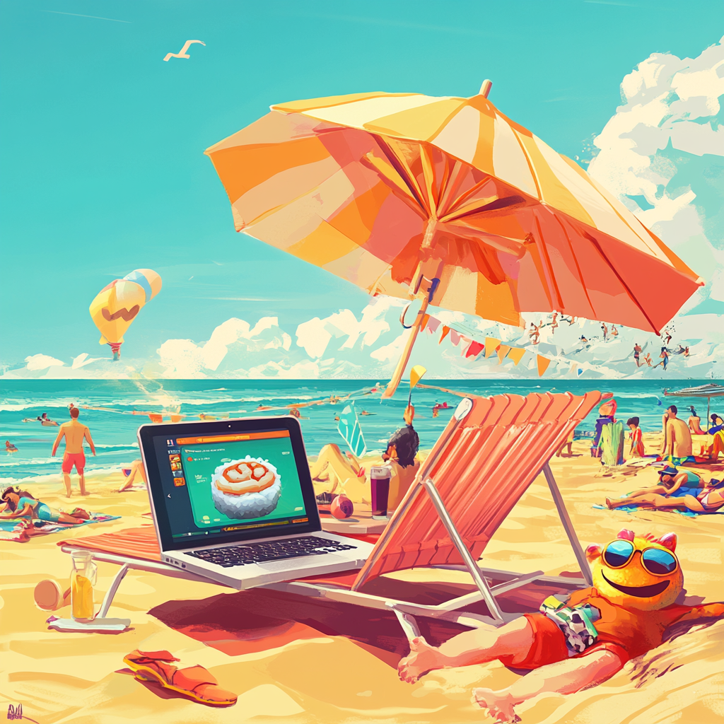 Laid-back Beach Scene with Crypto Wallet and Sushi Character