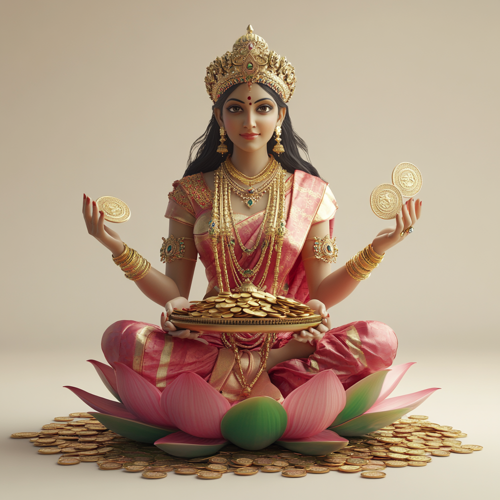 Lakshmi sitting on lotus with golden jewelry