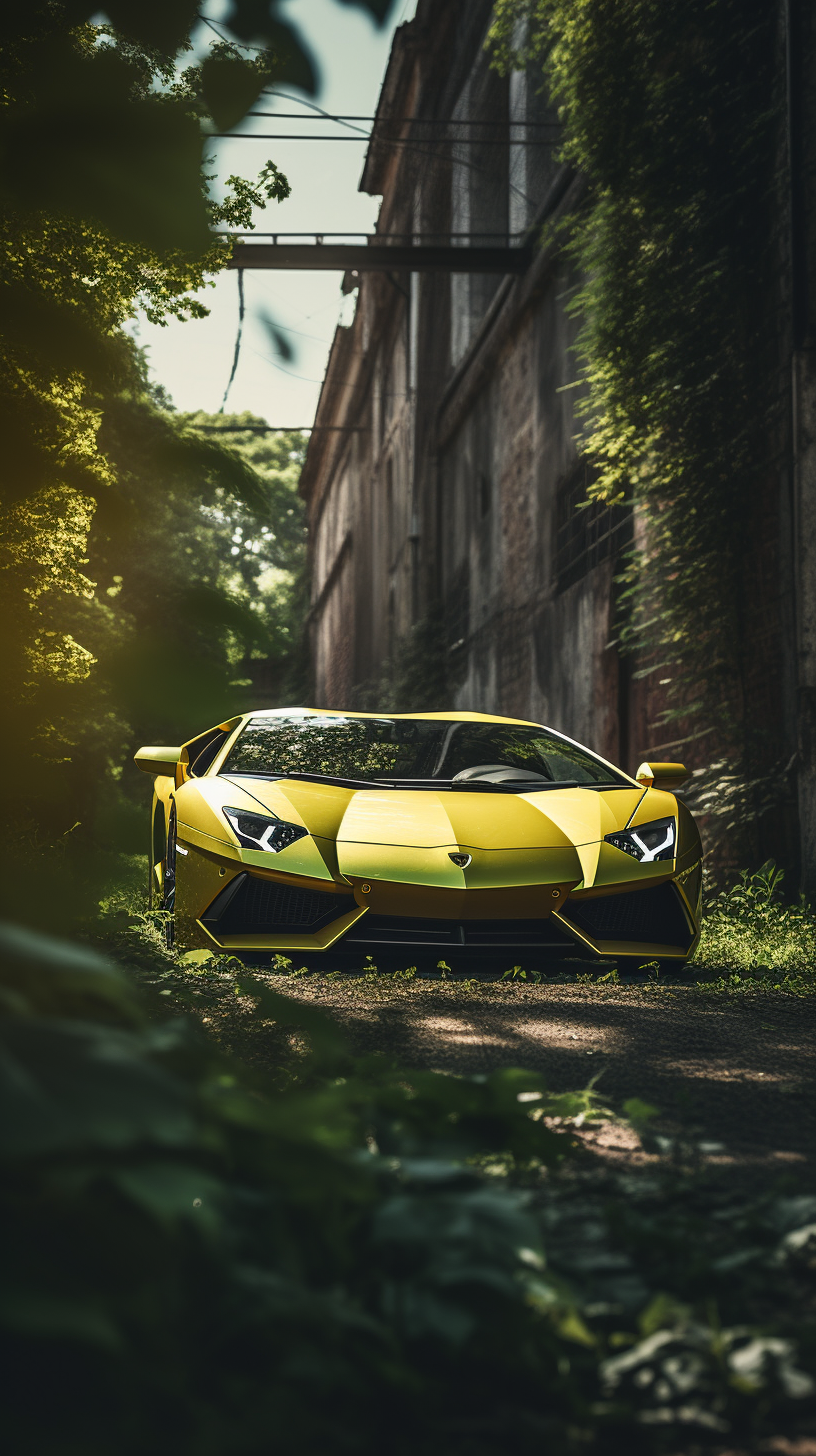 Lamborghini Aventador in Natural Setting with Lush Foliage.