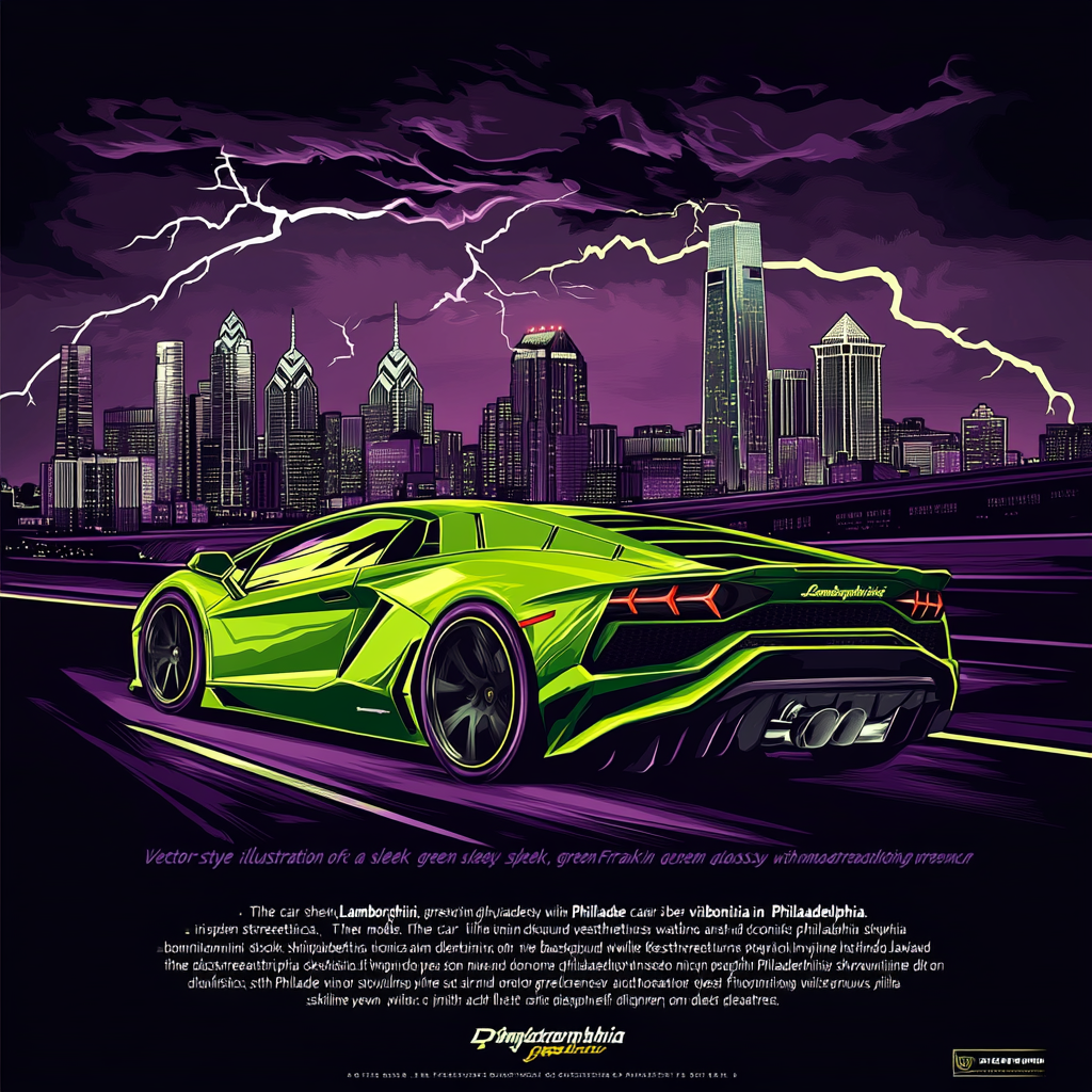 Lamborghini racing in Philadelphia with lightning storm backdrop.