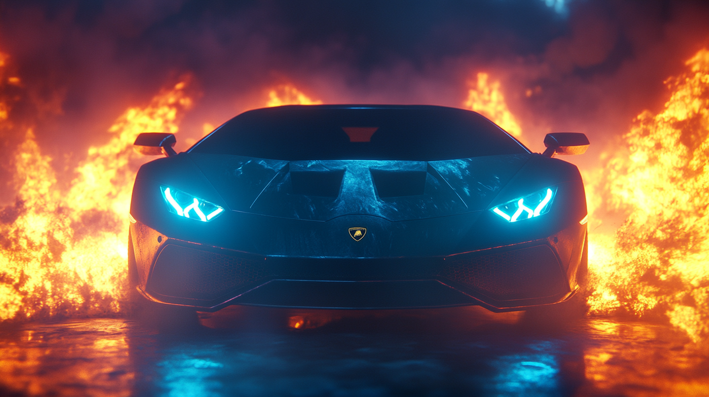 Lamborghini sports car in fiery apocalyptic background