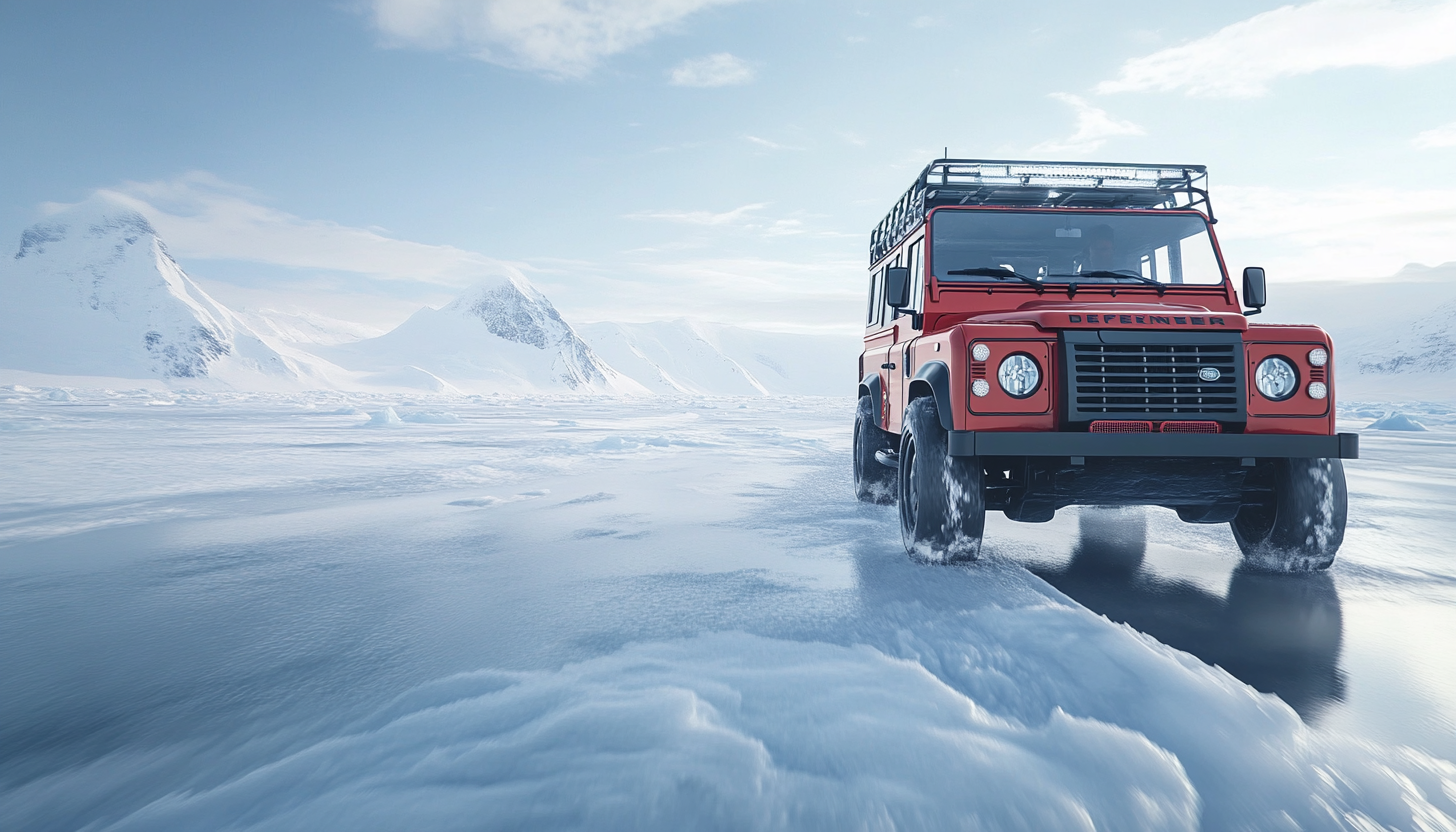 Land Rover Defender in Antarctica, natural light, photorealistic.