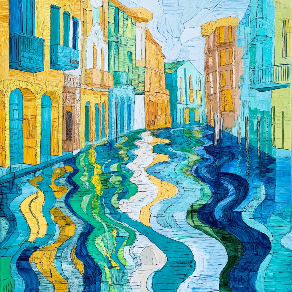 Landscape of gondoliers reflection in Venice waters, bright colors.