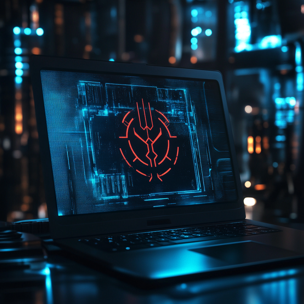 Laptop with trident sign symbolizes defense against threats.