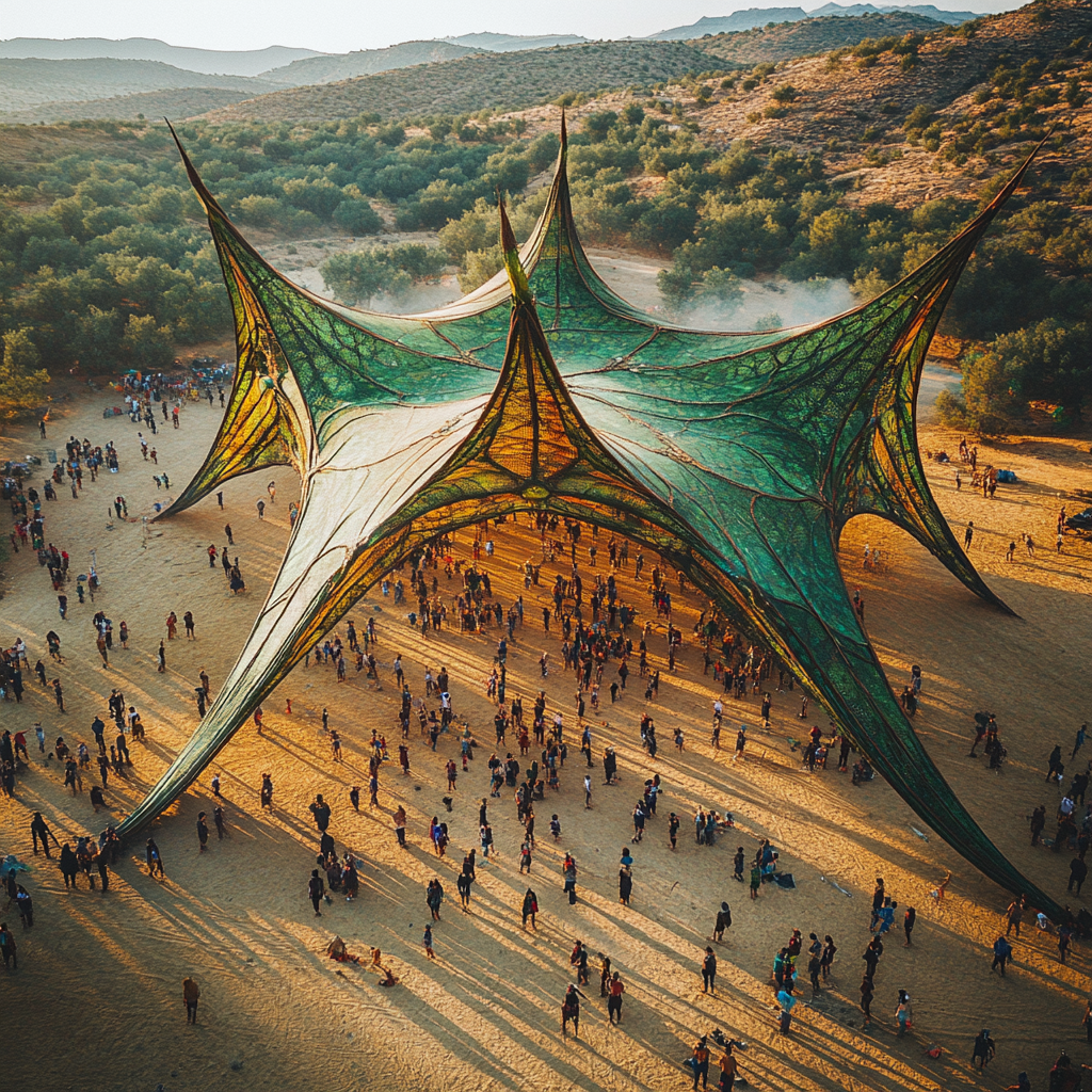 Large, leaf-shaped shade structure at Ozora Festival. 2000 people.