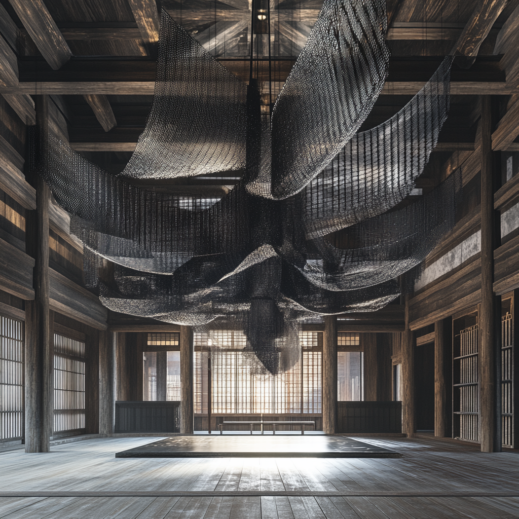 Large Japanese temple column made of metal parts, elegant.