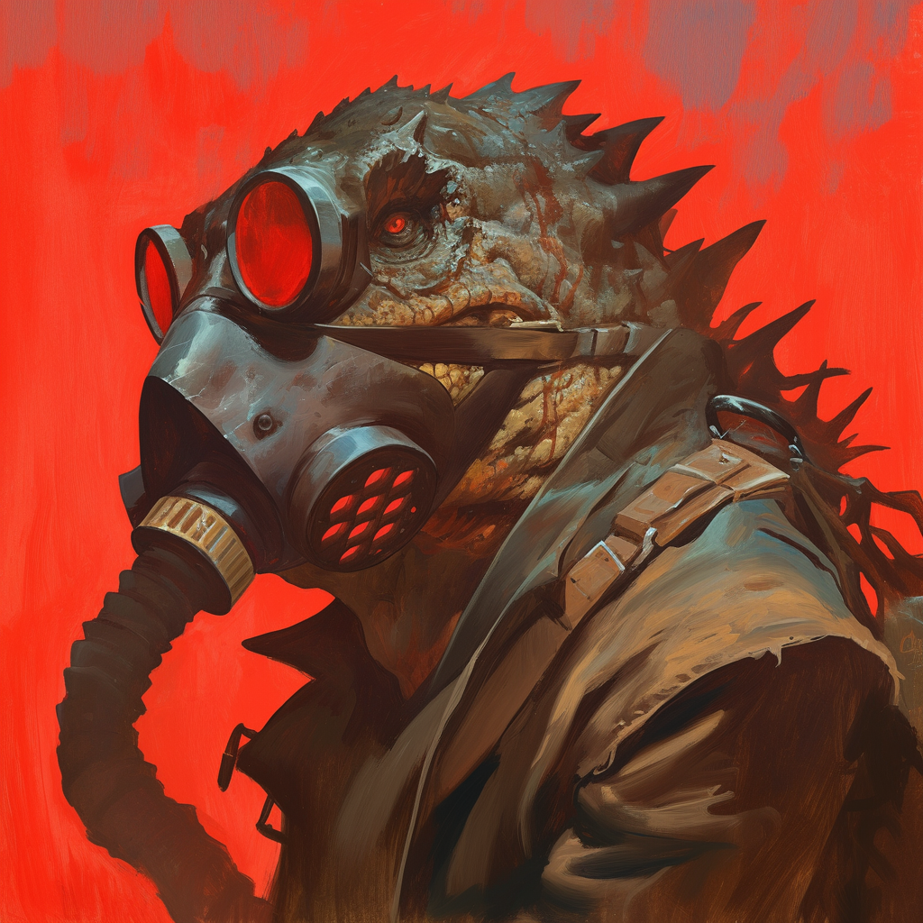 Large Lizardfolk in gas mask, red goggles, scarred skin.