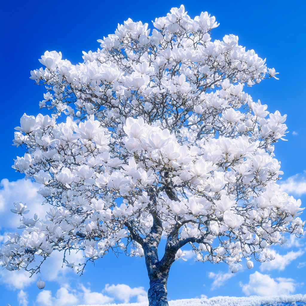 Large Snow-White Tree Full of Magnolia-Like Flowers 