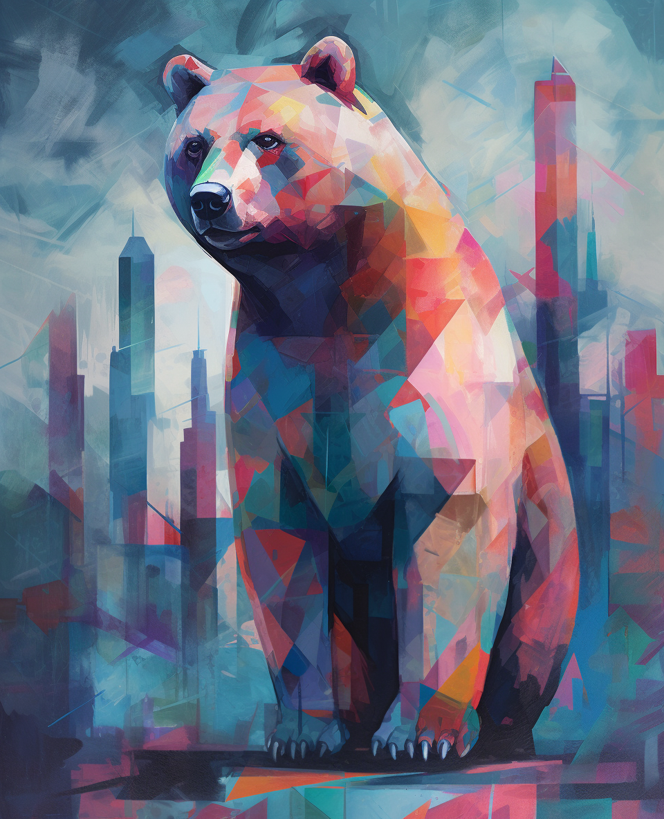 Large bear standing on hind legs in abstract cityscape.