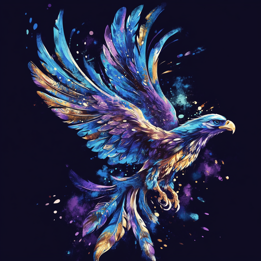 Large bird in flight with falling feathers design.