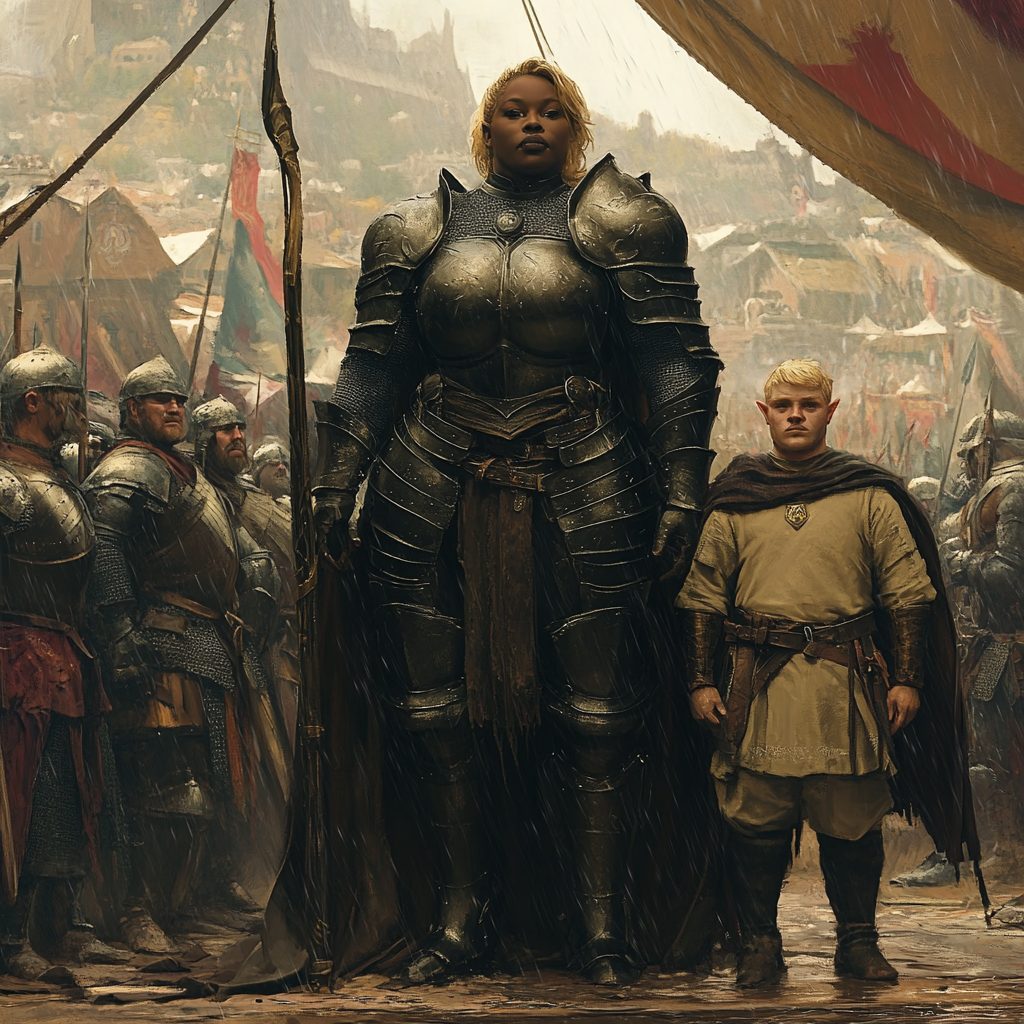 Large black woman in black armor with elf soldier.