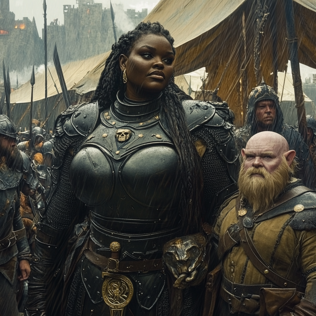 Large black woman in plate armor and gnome in tent.