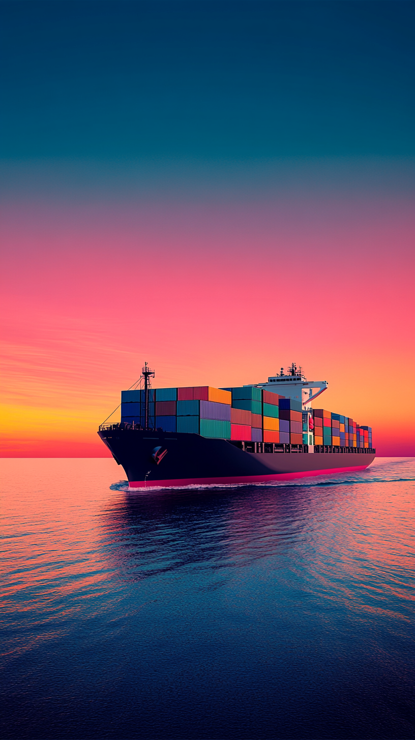 Large cargo ship with colorful containers sailing at sunset.