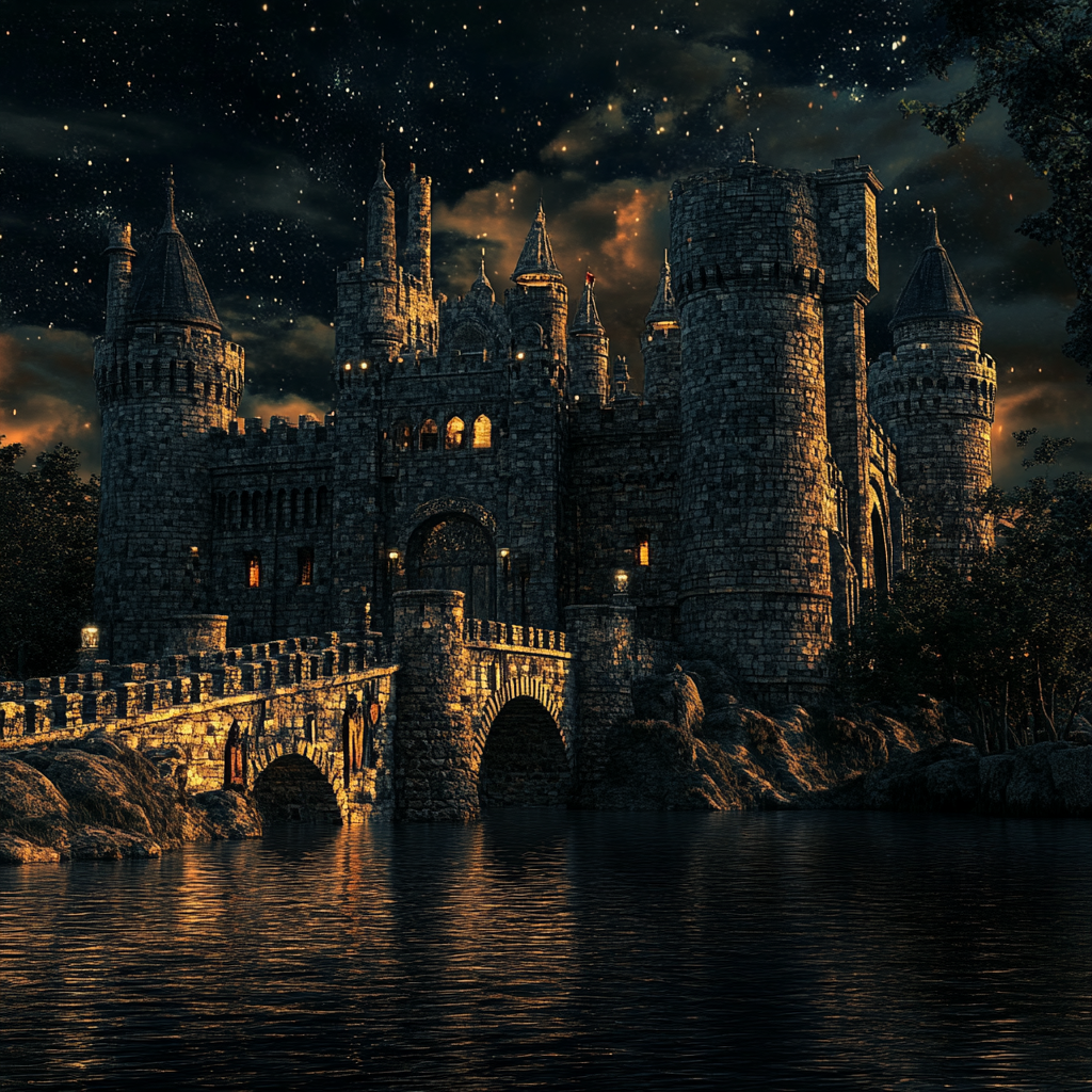 Large castle with moat, guard, Hollywood-style lighting.