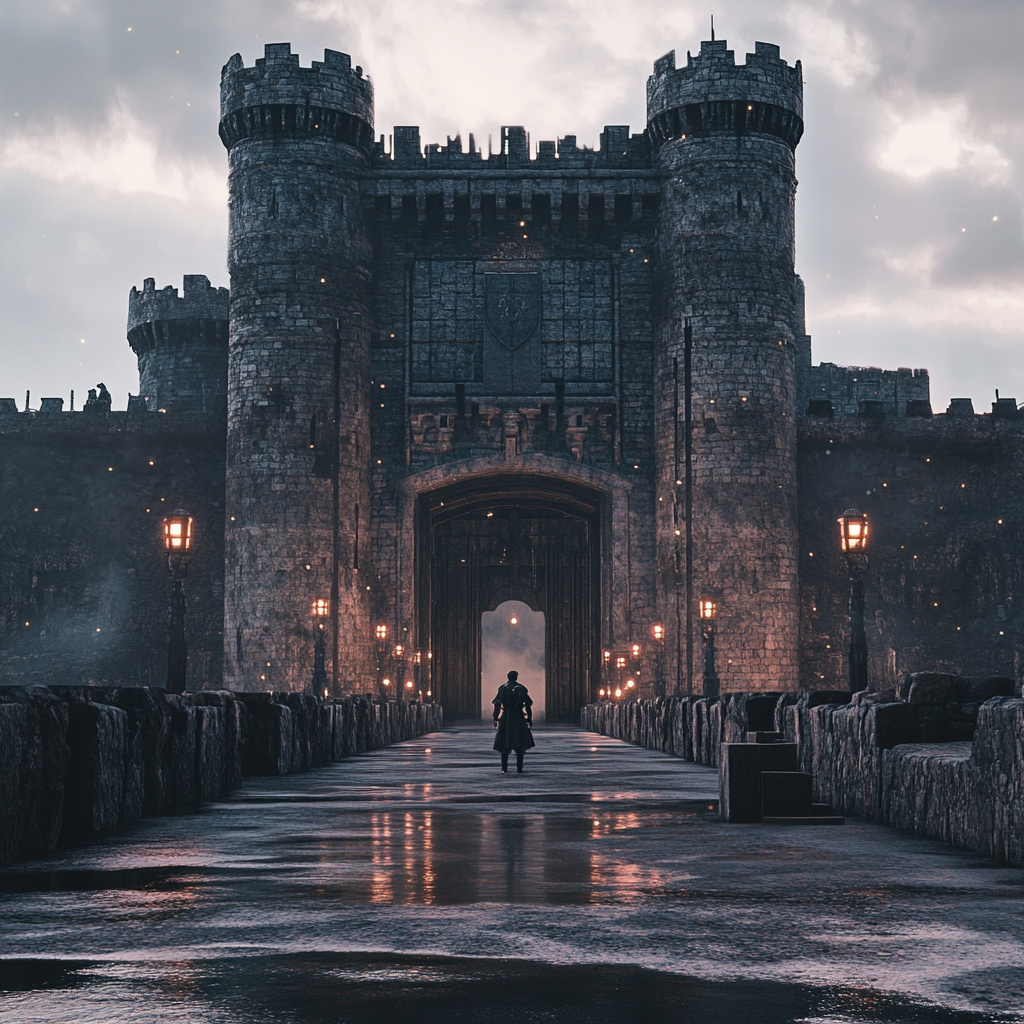 Large castle with moat, guard, bridge, Hollywood-style photo.