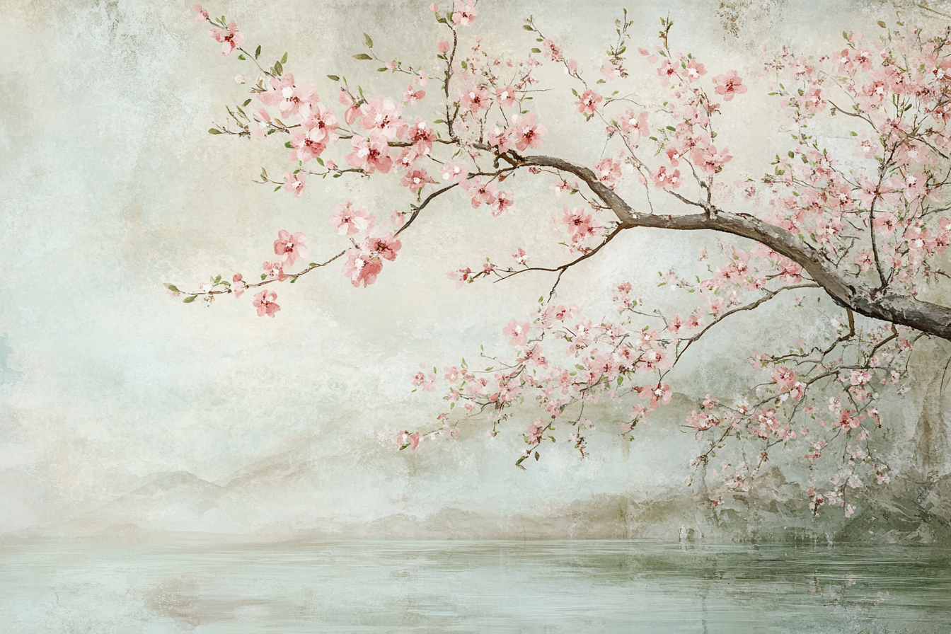 Large cherry blossom tree mural in serene setting.