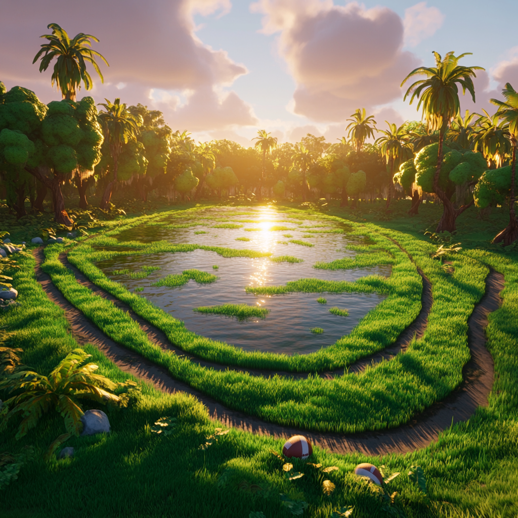 Large circular track covered in grass and swamp.