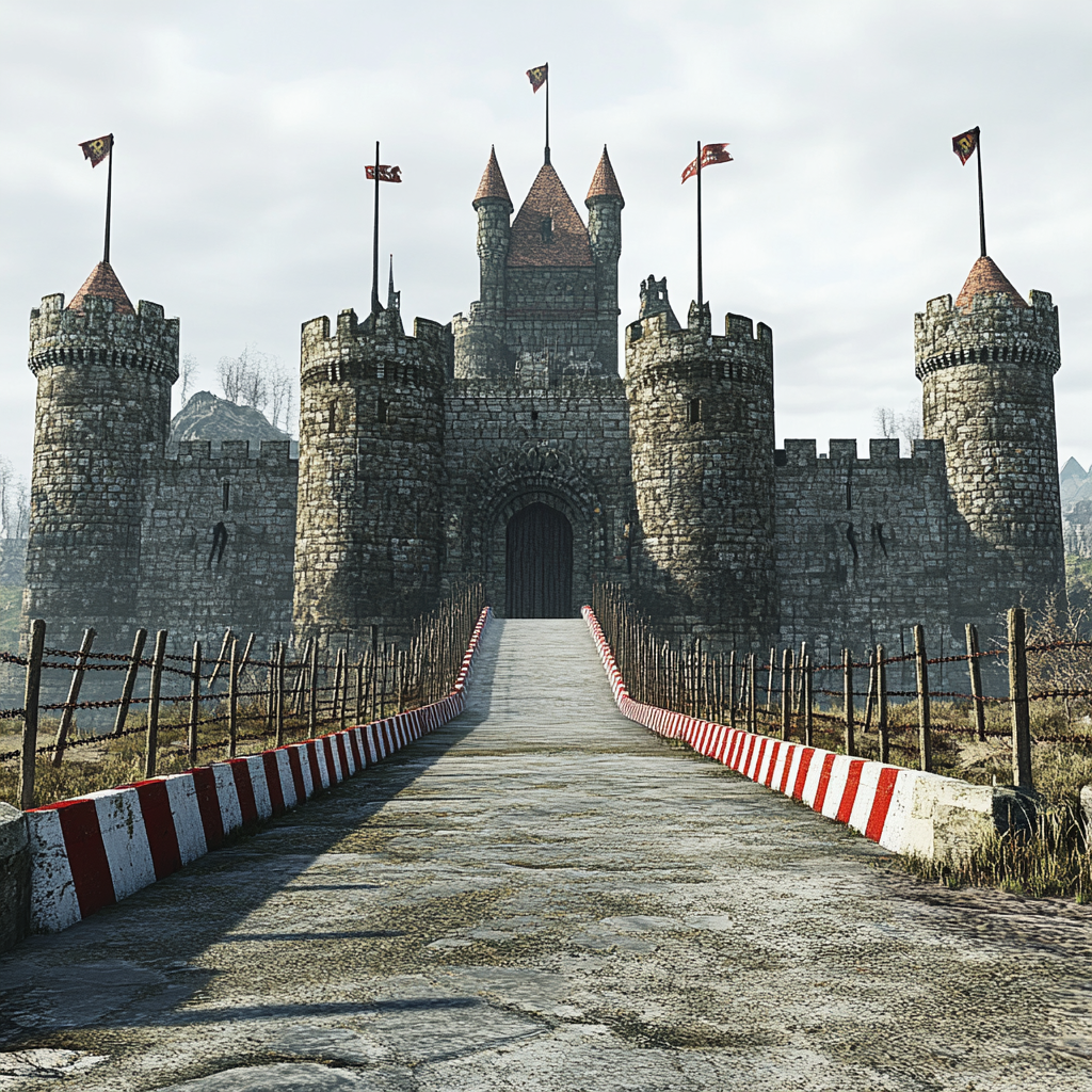 Large core castle with moat, bridge, sharp stakes, barrier.