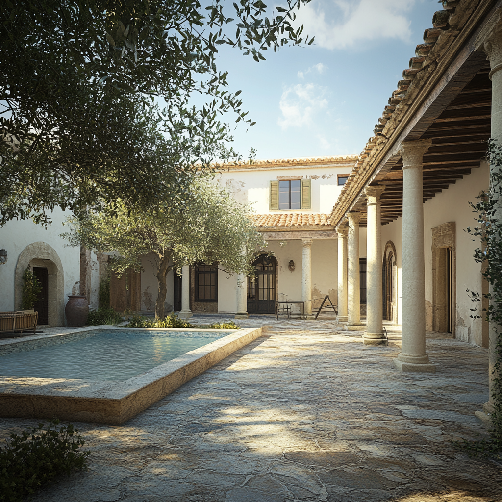 Large courtyard in old Sicilian villa with swimming pool.