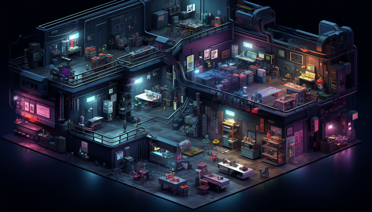 Isometric pixelated cyberpunk hacker lab image.