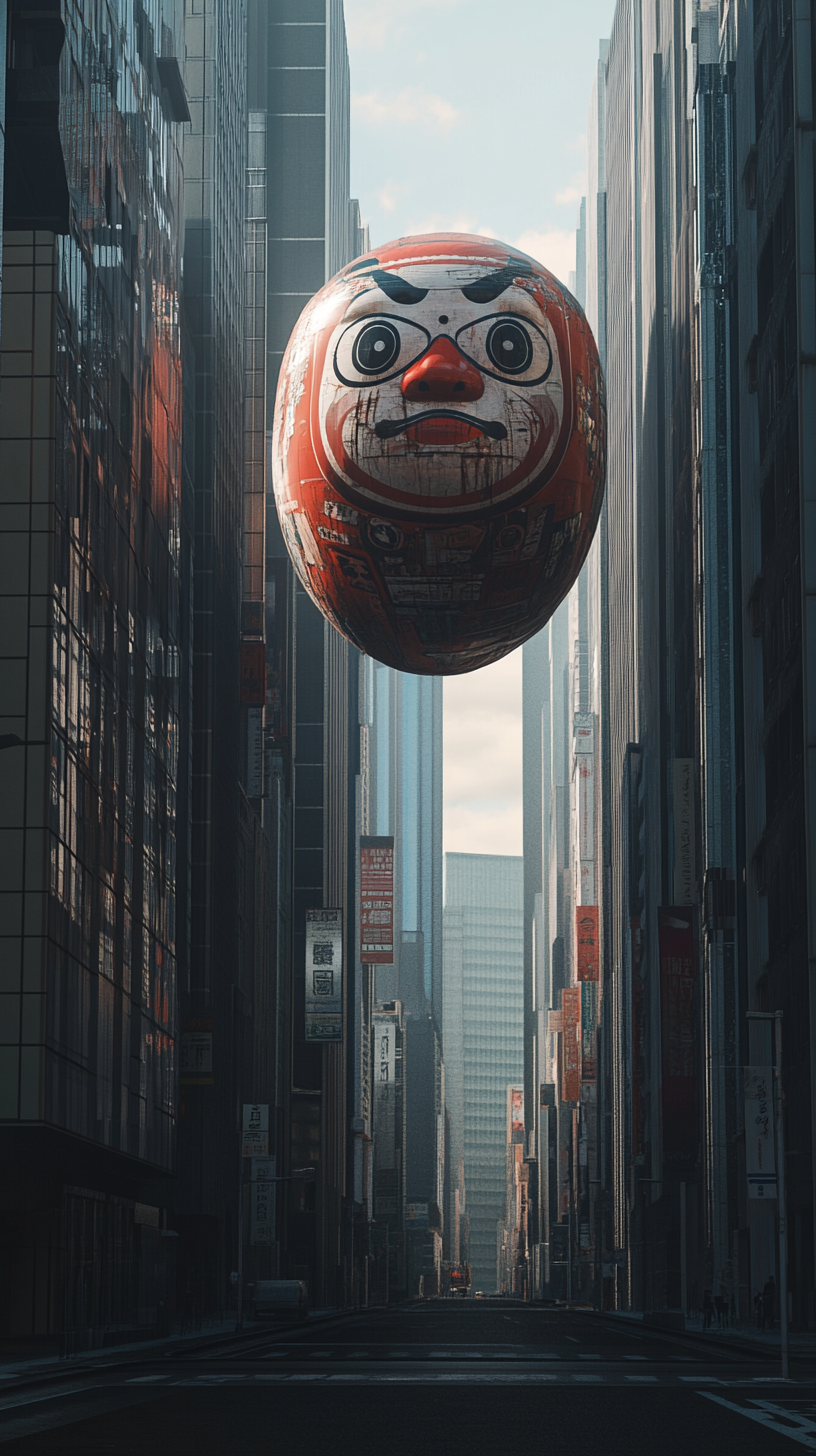 Large daruma yokai, floating among high-rise buildings, gazing solemnly.