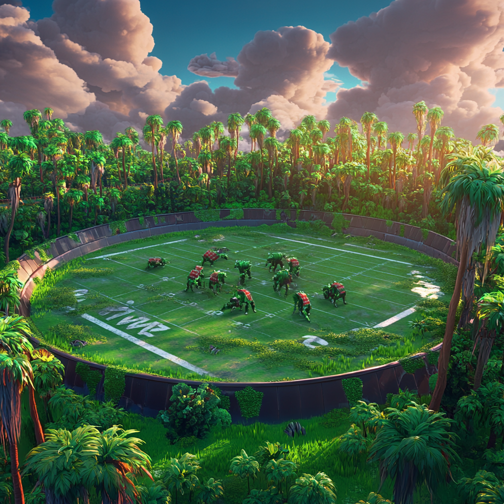 Large football field with swamp and monsters.