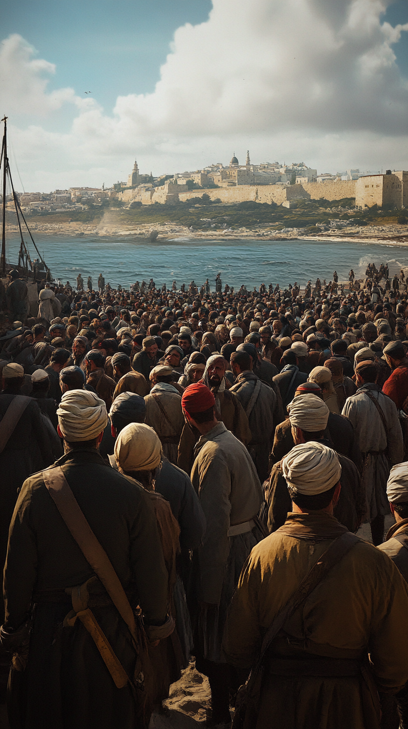 Large group of Ottoman prisoners looking weary on beach.