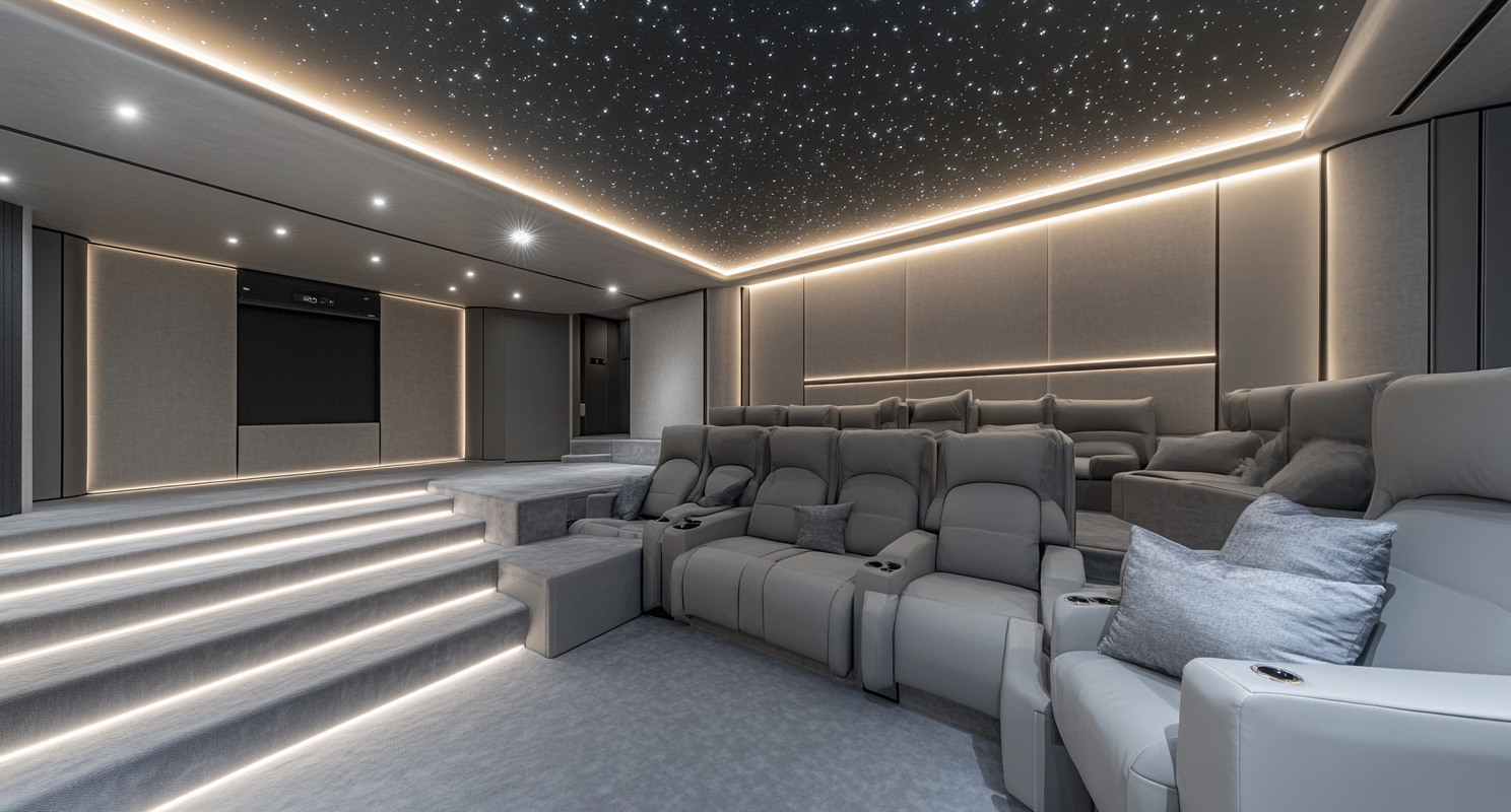 Large home cinema room with starry LED lighting.