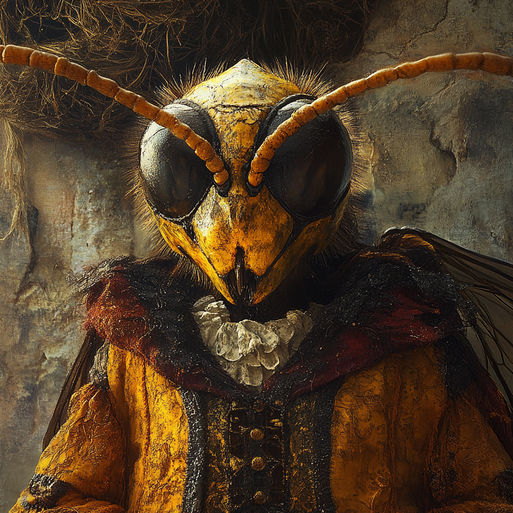 Large hornet in tunic, nest backdrop, realistic fantasy portrait.