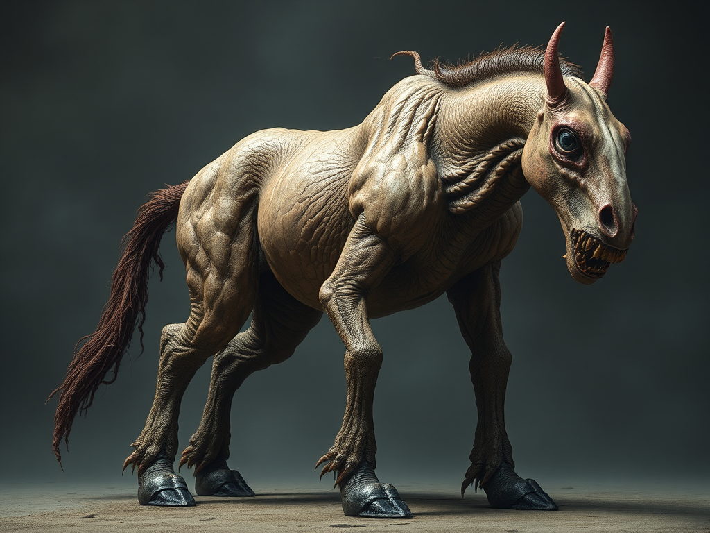 Large horse-like creature with bulging muscles and sharp teeth.