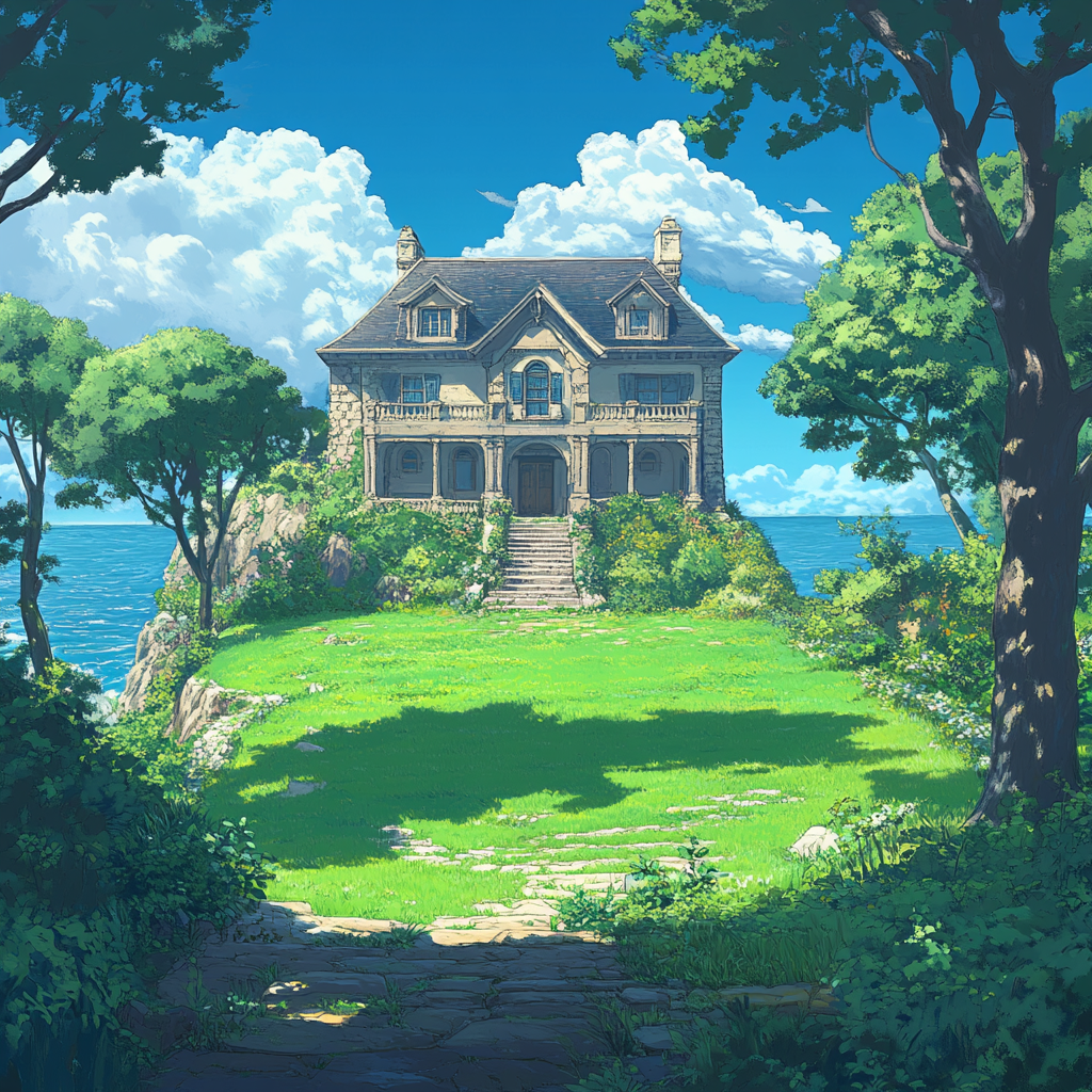 Large house in Studio Ghibli style with ocean view