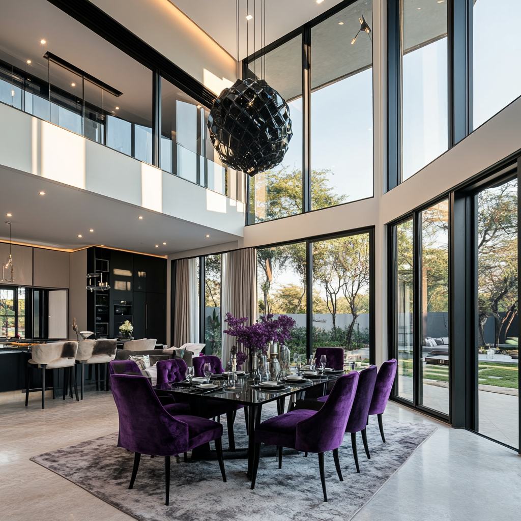 Large luxury dining room with black, white, purple accents.