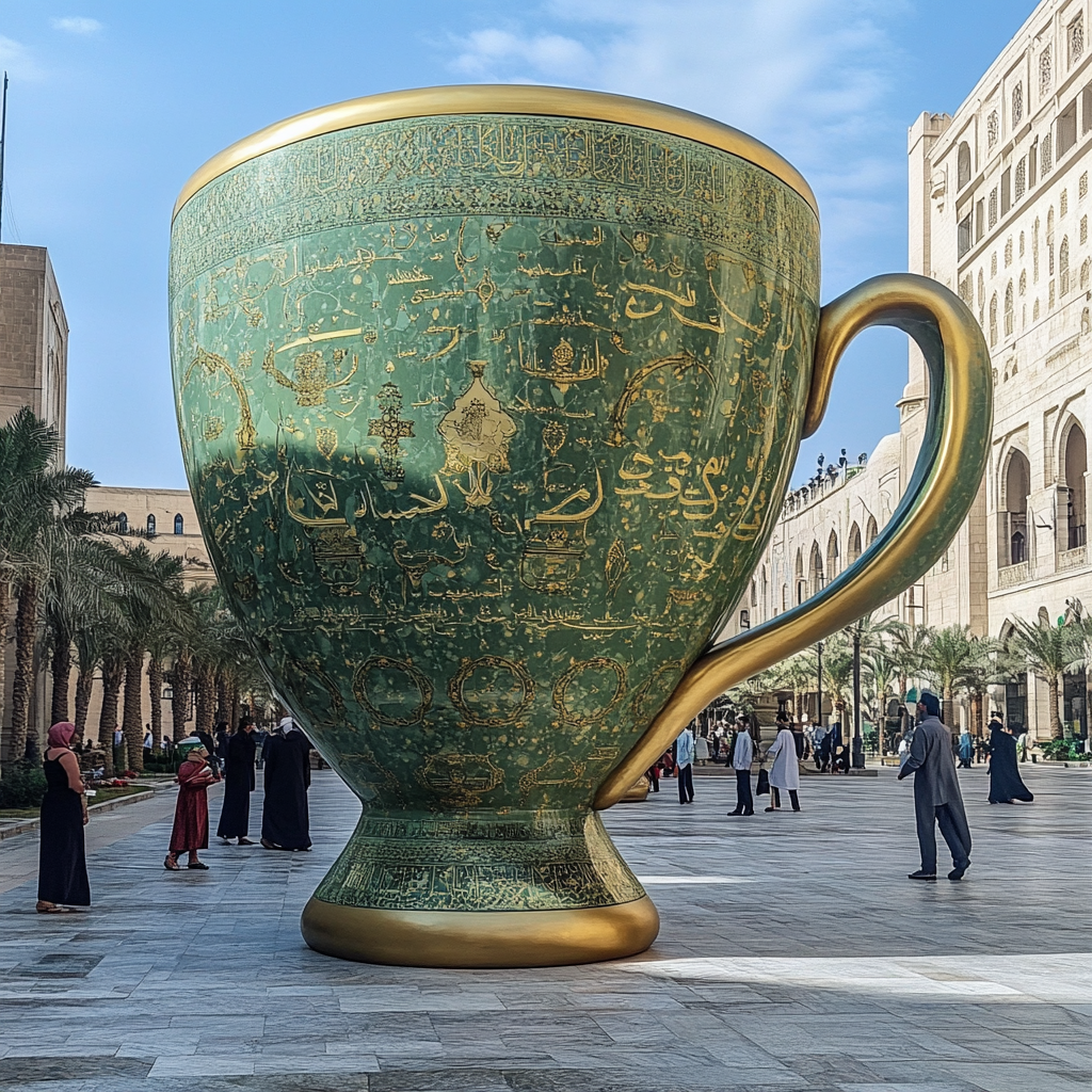 Large olive green, gold, and beige Arabic coffee mug sculpture.